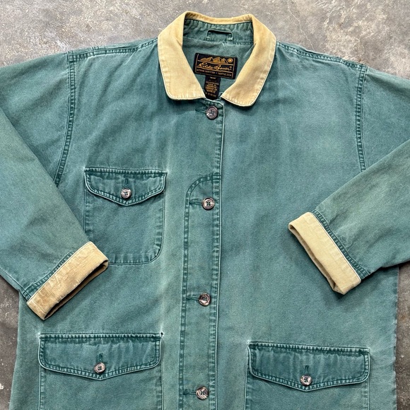 Vintage Eddie Bauer Green Barn Coat Corduroy Collar Chore Jacket Workwear - Picture 2 of 8